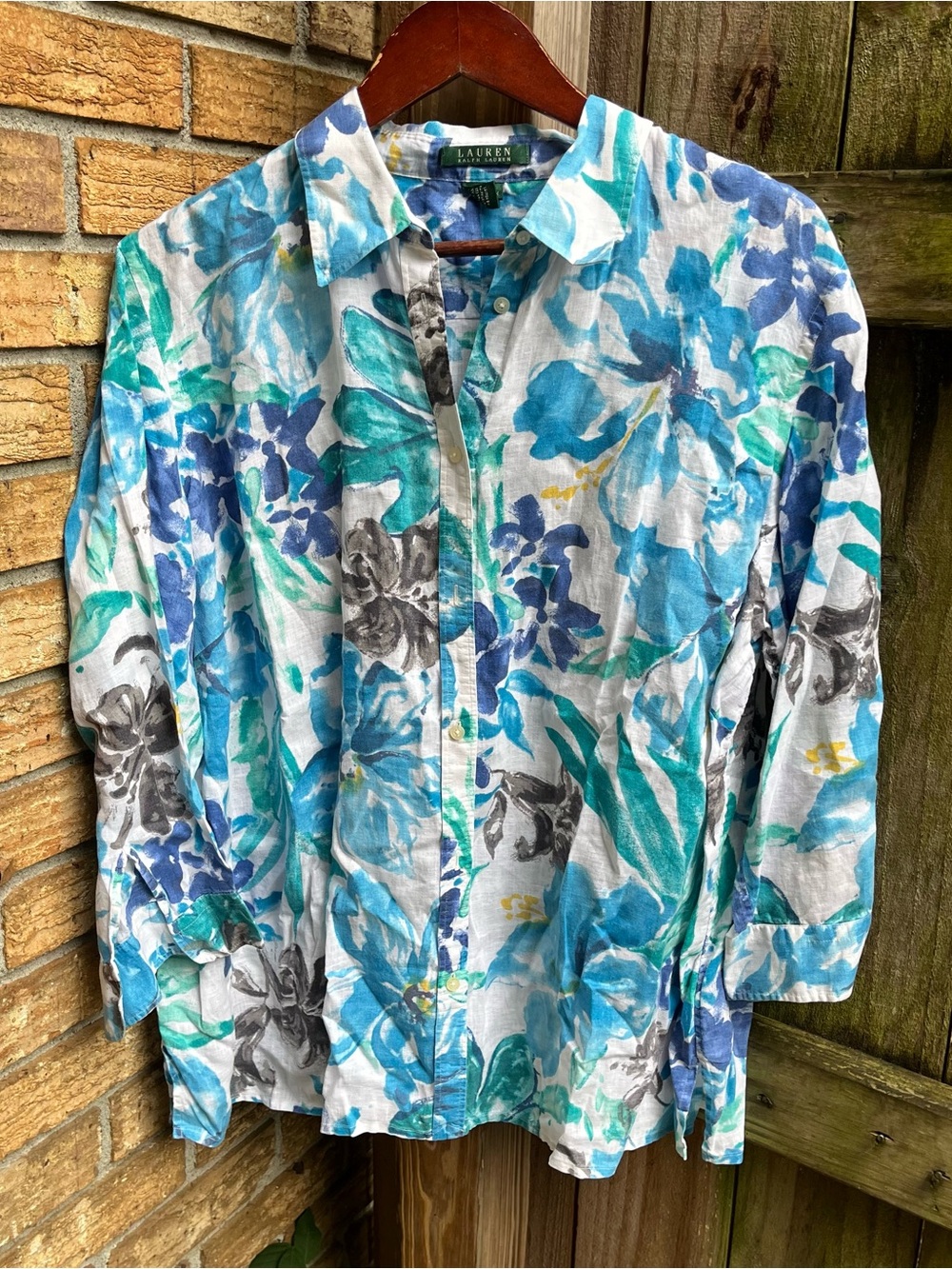 Ralph Lauren Blue & Teal Floral Linen Button-Up Shirt